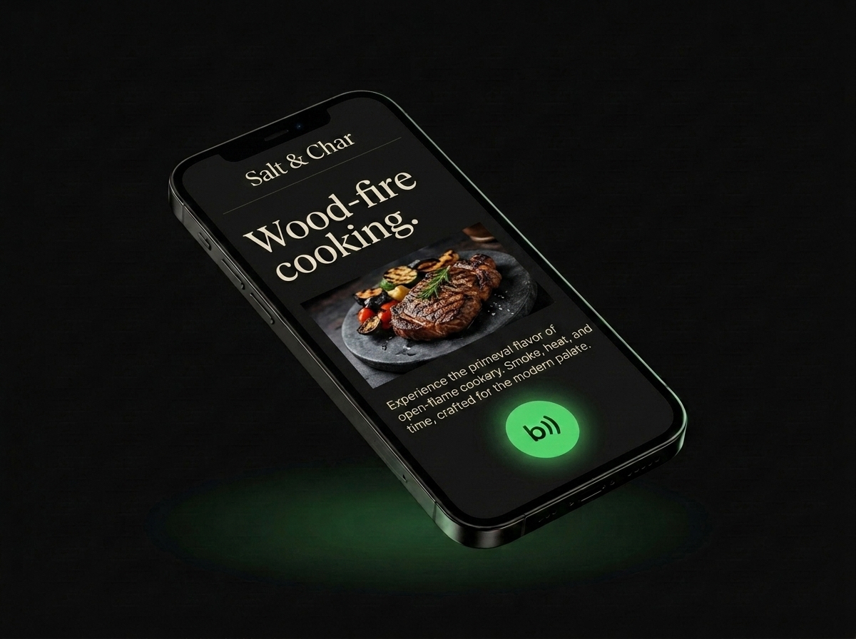 Salt & Char — a live demo site with the Bantly orb in the corner